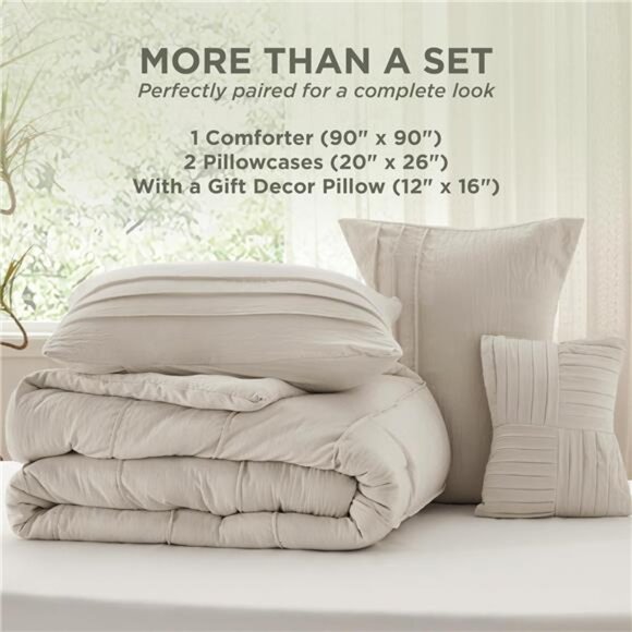 Queen Comforter Set - 4 Pieces Pinch Pleat Bed Set, Beige Boho Bedding - Picture 6 of 7